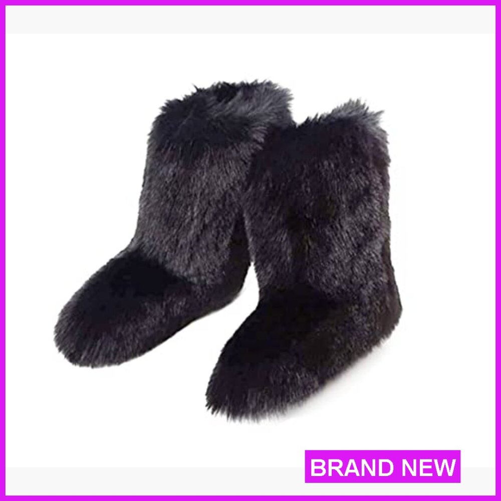 Faux Fur Snow Boots Mid-Calf Winter Shoes Fuzzy Flurry Leg Warmers - Picture 5 of 7